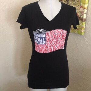 Harley-Davidson American Flag Motorcycle Rally Black Shirt M Red White Blue Flaw